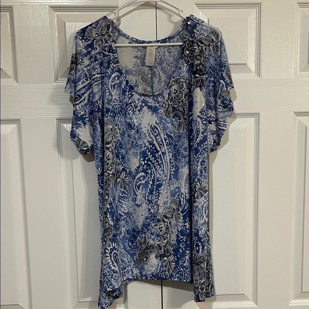 Elegant Blue and White Paisley Blouse